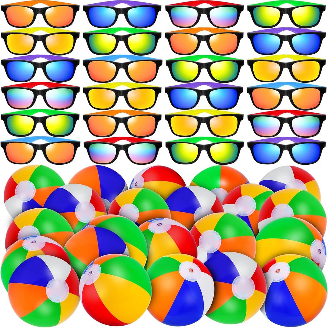 61 Pcs Sunglasses Beach Ball Sets 30 PCS Inflatable Beach Balls 30 PCS Neon Sunglasses Bulk Party Favors, Rainbow Colored Summer Pool Toys for Water Games Hawaiian Decorations Birthday Supplies