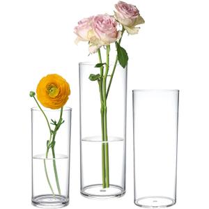 KLIFA- Carlsbad- Set of 3 pcs, 7, 9 & 10 Inch Tall, Plastic Cylinder Vases for Centerpieces, Acrylic Flower Vase for Wedding Centerpieces, Home Decorations, Clear