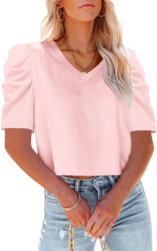 Tankaneo Womens V Neck Cropped T Shirts Casual Summer Crop Tops Half Sleeve Solid Color Crop Baisc Tees (Medium)