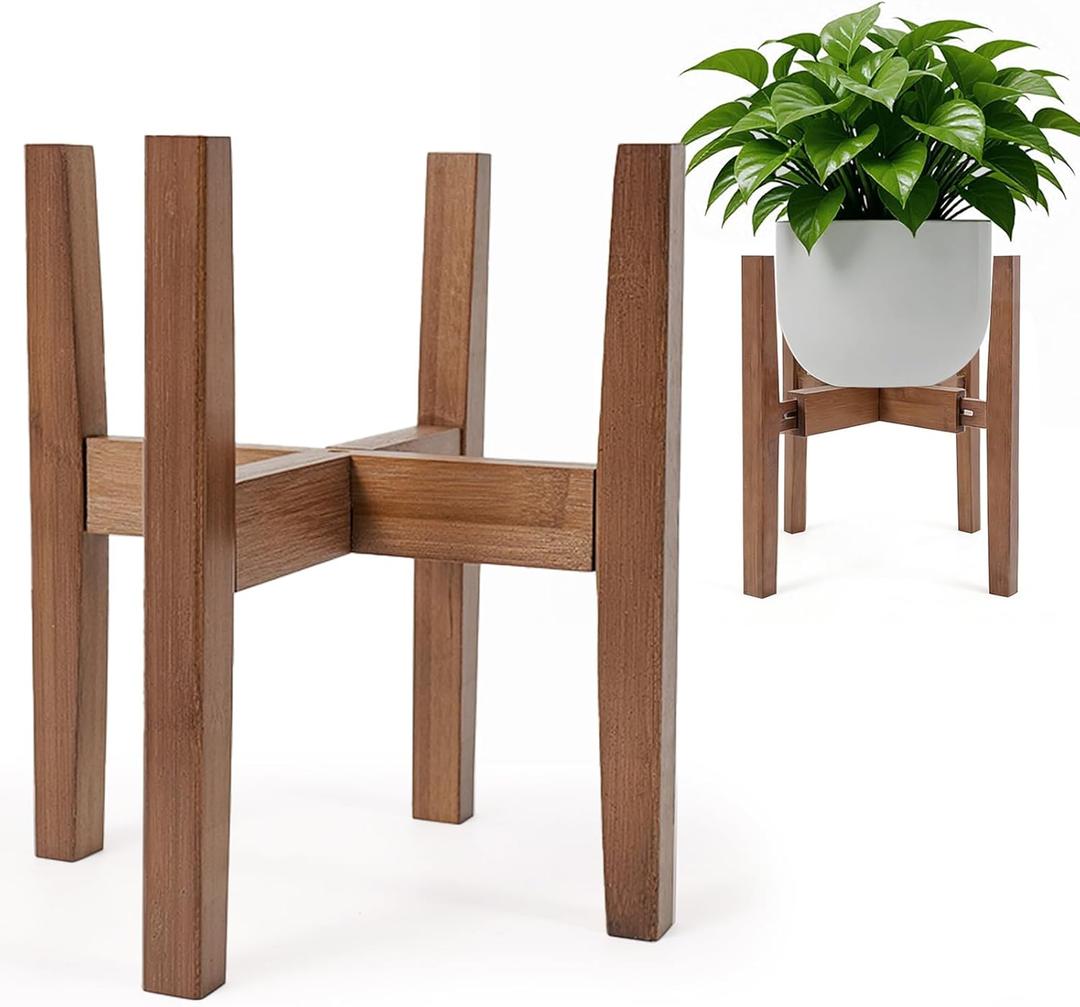 Natural Bamboo Plant Stand Indoor, Adjustable Plant Shelf Indoor Fits 8-12 Inch Pots, Mid Century Modern Decor to Refresh Your Space(Pot & Plant Not Included)