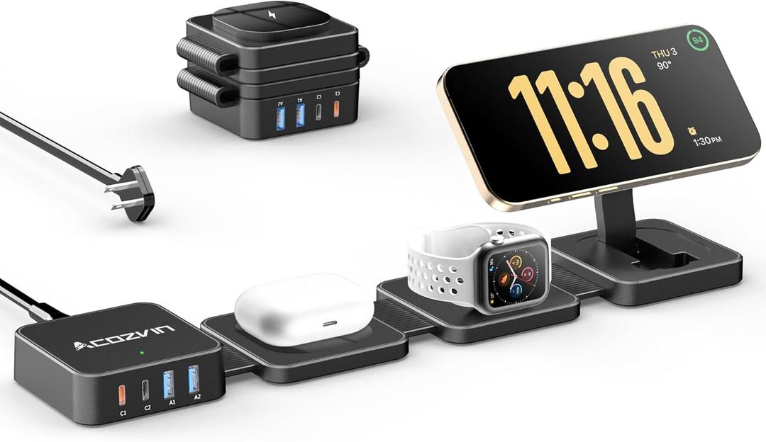 7-in-1 Wireless Charging Station for Apple Devices, ACOZVIN Foldable Magnetic Wireless Charger, 4 USB Ports(30W USB C), 5FT Cord Flat Plug, Travel Charger Stand for iPhone 16/15/14/13, iWatch &AirPods