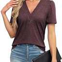 THANTH Womens Tops Dressy Casual V Neck Puff Short Sleeve Shirts Summer Loose Tunic Blouses T Shirts Trendy Tops Burgundy, Large