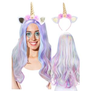 Janinka 3 Pcs Halloween Unicorn Wig Mermaid Face Jewels Set Long Curly Wavy Rainbow Hair Wig Unicorn Supplies Rhinestones Eyes Stickers for Cosplay Music Festival