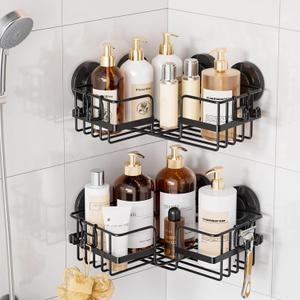 LEVERLOC 2 Pack Corner-adaptive Suction Cup Shower Caddy, Drill-Free Wall Mounted Basket, Stainless Steel Rustproof Corner Shower Shelf, Large Capacity, Removable Suction Cup Bathroom Organizer, Black