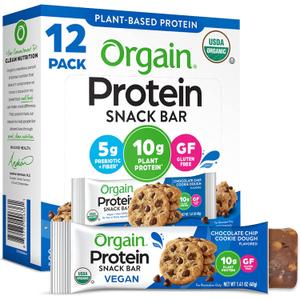 Orgain Organic Vegan Protein Bars, Chocolate Chip Cookie Dough - 10g Plant Based Protein, Low Calorie Healthy Snacks, No Lactose or Soy Ingredients, Gluten Free, Non-GMO - 1.41 Oz (Pack of 12)