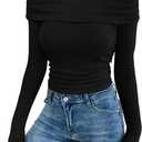 SOLY HUX Women's Off The Shoulder T Shirt Long Sleeve Ruched Fitted Tee Fall Going Out Tops (Large, Pure Black)