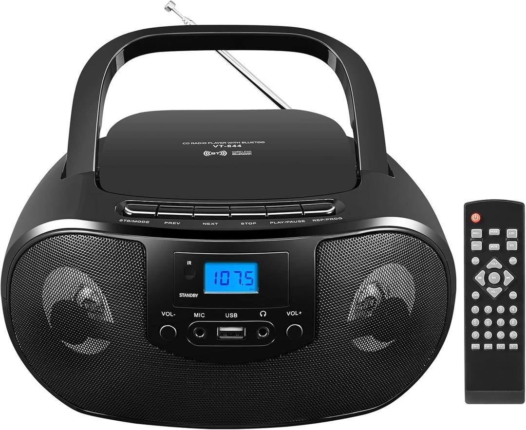 Portable CD Player Boombox with FM Radio, Top Loading CD Stereo Boom Box for Home, Bluetooth, Remote Control, LED Light, Headphone/Mic Jack, Support CD-R/RW/MP3-CD, USB, LCD Display, Black