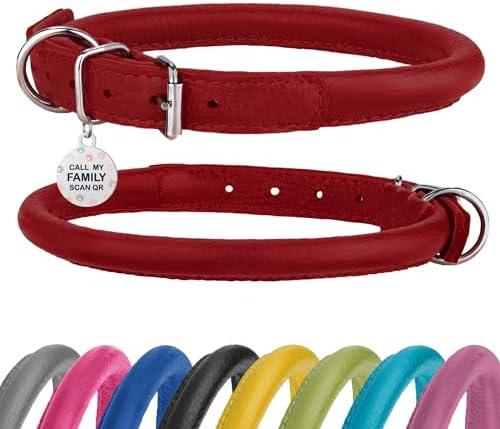 Rolled Leather Dog Collar Soft Round Collars, ID Tag  (9-12 inch, Imperial Red)