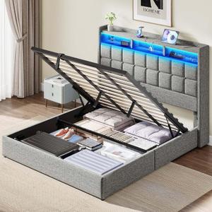 Driftalia Lift Up King Size Bed Frame with Storage, Upholstered King Bed Frame with Charging Station and LED Lights Headboard, No Box Spring Needed, Easy Assembly - Light Grey
