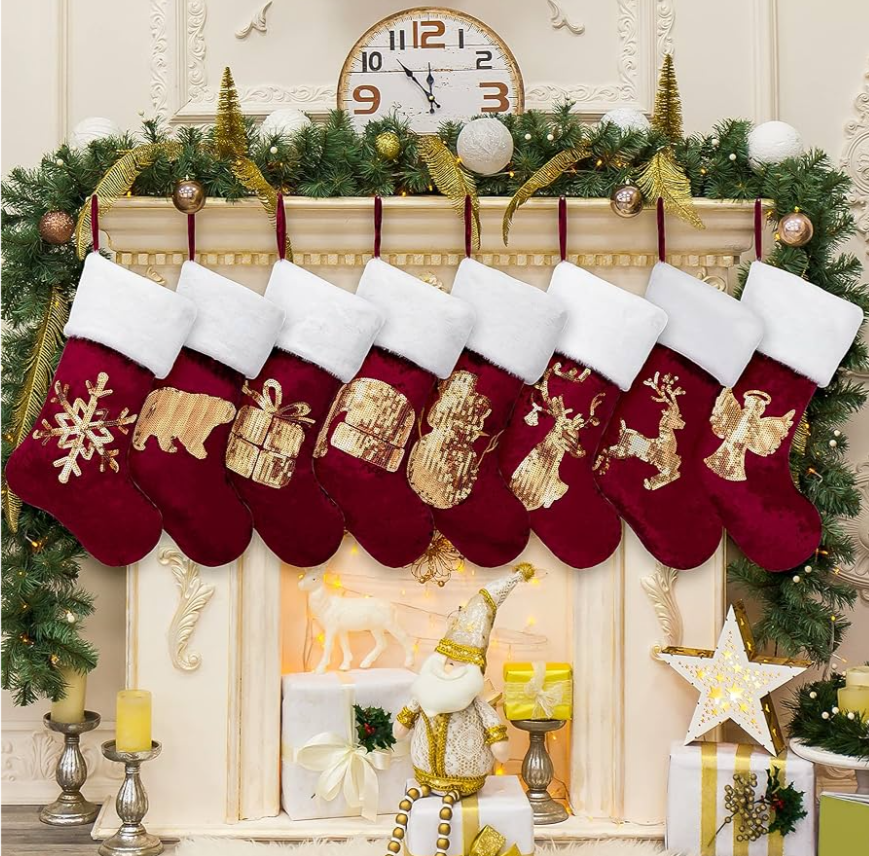 Christmas Stockings 8 Pack for Family 20" Gold Sequins Red Velvet with White Soft Faux Fur Embroidery Classic Fireplace Tree Decorations for Xmas Season Decor (Set of 6)