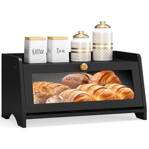 Bread Box for Kitchen Countertop, Large Bread Container Storage, Wooden Farmhouse Bread Box with Window Bread Holder (Black)