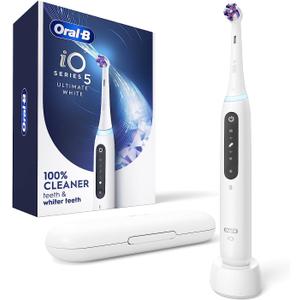 Oral-B iO Series 5 Ultimate White Rechargeable Electric Toothbrush with Visible Pressure Sensor, 2 Minute Timer, 5 Cleaning Settings, 1 Replacement Toothbrush Heads, and Travel Case, White
