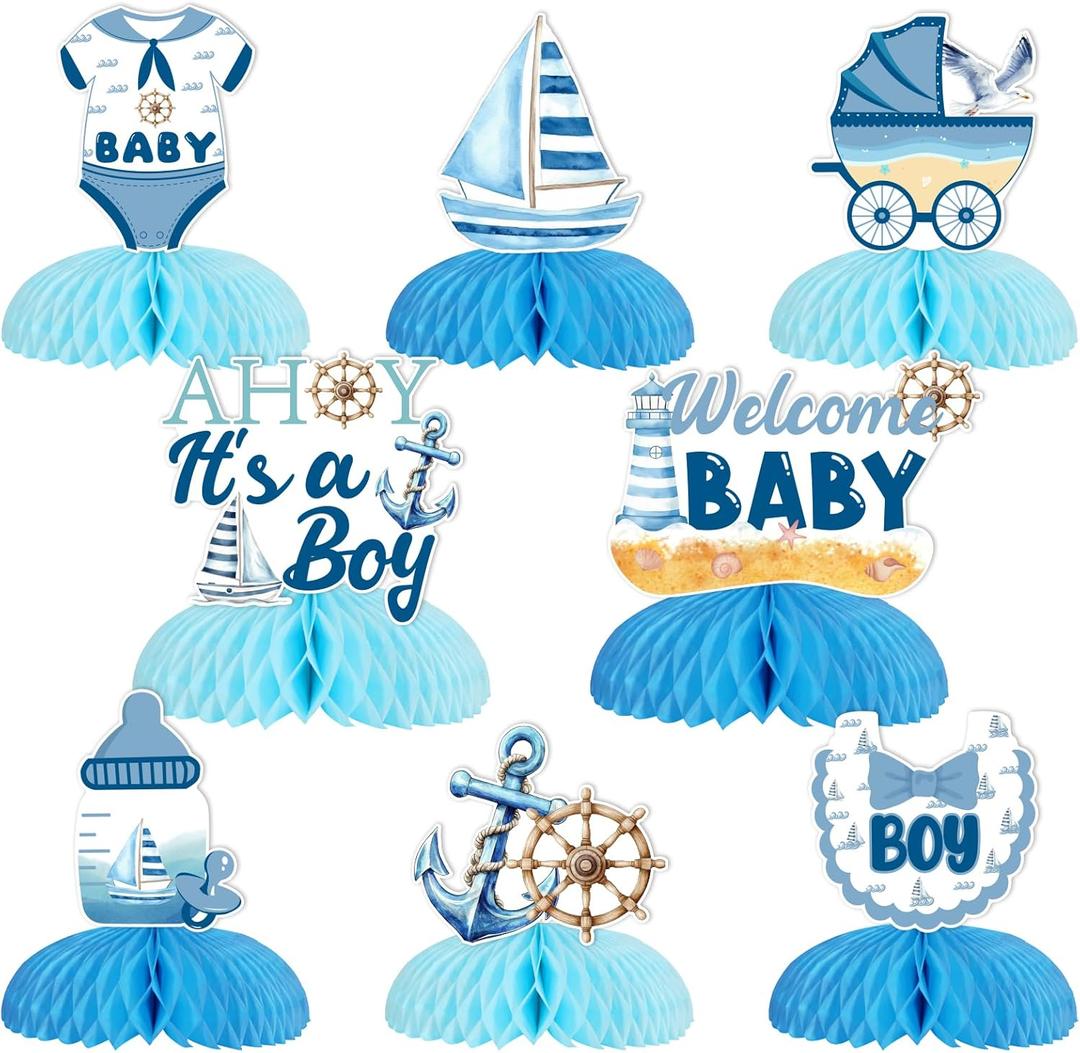 Kreatwow Nautical Baby Shower Party Decorations Ahoy Its A Boy Welcome Baby Honeycomb Centerpieces Watercolor Nautical Baby Shower Table Decorations Ocean Gender Reveal Birthday Party Supplies
