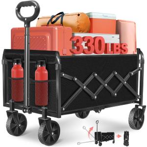 Folding Wagon Cart with All-Terrain Wheels Heavy Duty Collapsible Utility Wagon for Grocery, Sports, Garden, Camping, Shopping (Black 330LBS)