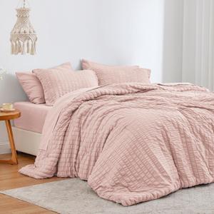 Love's cabin Seersucker Pink Queen Comforter Set 7 Pieces, All Season Bedding Set, Queen Bed in a Bag Comforter Set with Comforter, Flat Sheet, Fitted Sheet, Pillowcase and Pillow Sham (Queen (88"X88"))