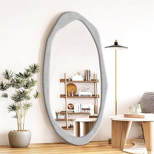 TRAHOME Irregular Asymmetrical Wall Mirror, 48" x 24" Flannel Wrapped Wooden Frame Frame Mirror for Living Room Bathroom Entryway, Hanging or Leaning Against Wall(Grey)