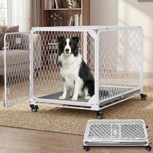 36 Inch Collapsible Dog Crate with Diamond Mesh, No-Tool Assembly Foldable Dog Kennel with 4 Lockable Wheels,Removable Tray,Portable Dog Cage for Dogs, Space-Saving, Indoor Outdoor Use