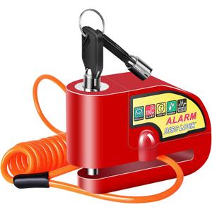 Motorcycle Alarm Disc Brake Lock, Motorcycle Locks Anti Theft Security Wheel Disc Lock Waterproof 110dB Alarm Sound with 5ft Reminder Cable Keys and Carry Pouch for Motorbike Bike Scooter (Red)