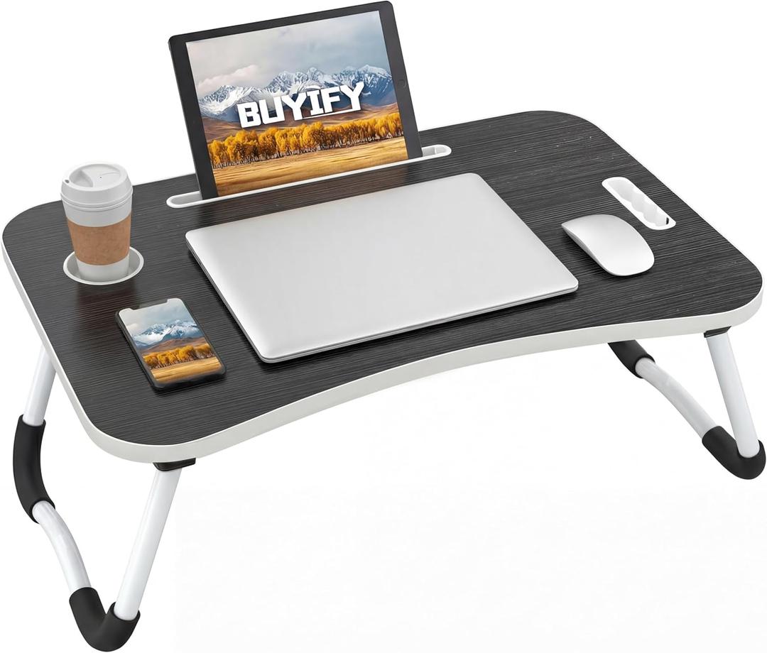 BUYIFY Foldable Lap Desk for Laptop & Writing - 23 inch Bed Tray Table with Cup Holder & Tablet Slot - Portable Notebook Stand for Eating, Sofa, Couch & WFH Students (Black)