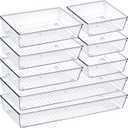 Criusia Drawer Organizer Set, Acrylic Non Slip Non Cracking Kitchen Drawer Storage Tray Large Size Divider, Multifunctional Storage for Cosmetics, Bathroom, Tools, Kitchen and Office (8 PACK)