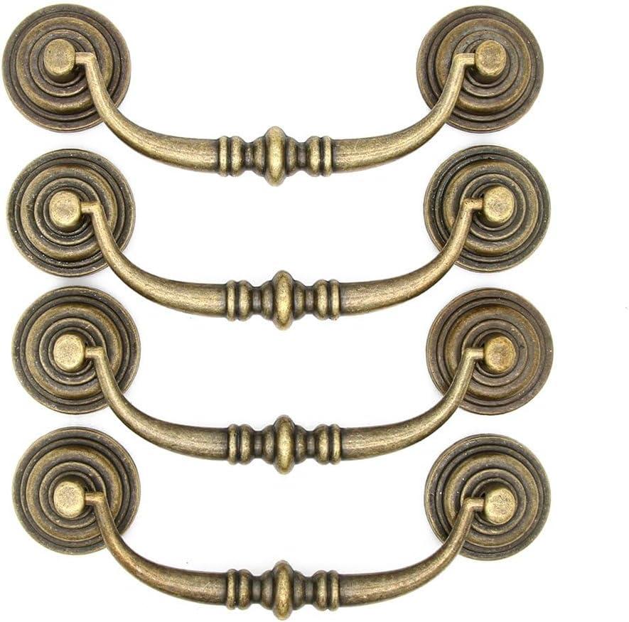 4 PCs Vintage Retro Antique Brass Bail Pull Handle for Wooden Drawer Dresser Cabinet Cupboard, Large Size, Length 4.2-in (10.6 cm) and Height 2-in (5 cm)