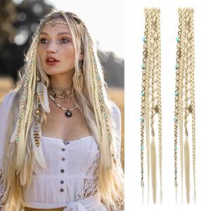 REECHO Clip in Braid Hair Extensions for Women, 16" Boho Dreadlock Clip in Braids with Beads & Charms, 2PCS Handmade Synthetic Braided Hairpieces for Cosplay Daily Styling, Light Blonde