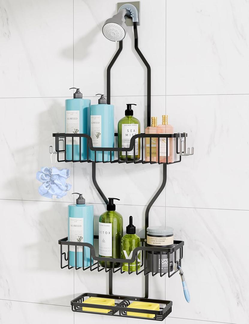 Shower Caddy Hanging Organizer: Over Shower Head Storage Shelf - Aluminum Never Rust Rack for Inside Shower Black