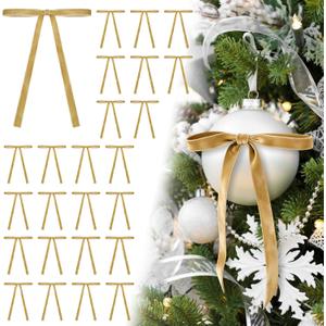 24Pcs Christmas Bows 5 x 7 Inch Velvet Bows for Christmas Tree 3/8 Inch Wide Christmas Tree Bows Vintage Velvet Ribbon (Khaki)