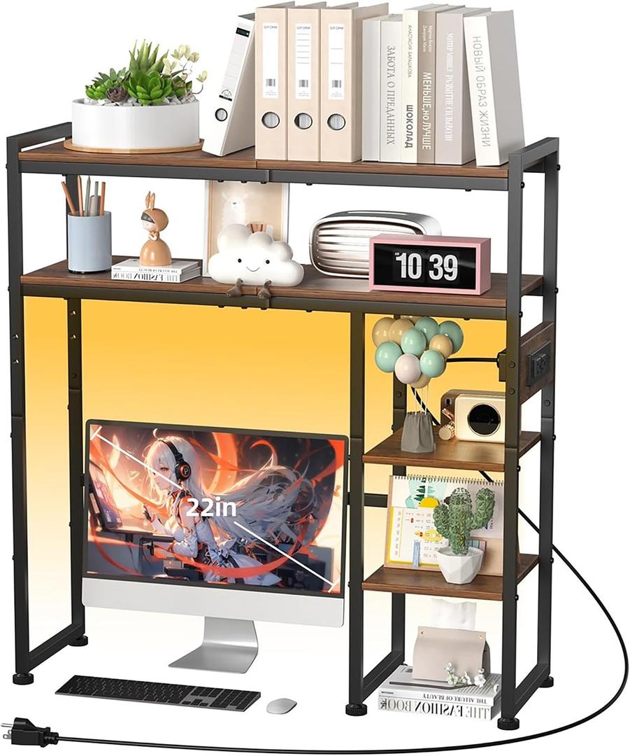 Aetheris Desktop Organizer Shelf, 30" Wooden Office Storage Rack with Outlets, Display Shelf Rack with Light Strip, 5 Tier Desktop Display Rac, Desk Shelf, Desk Hutch for Computer Monitor, Brown