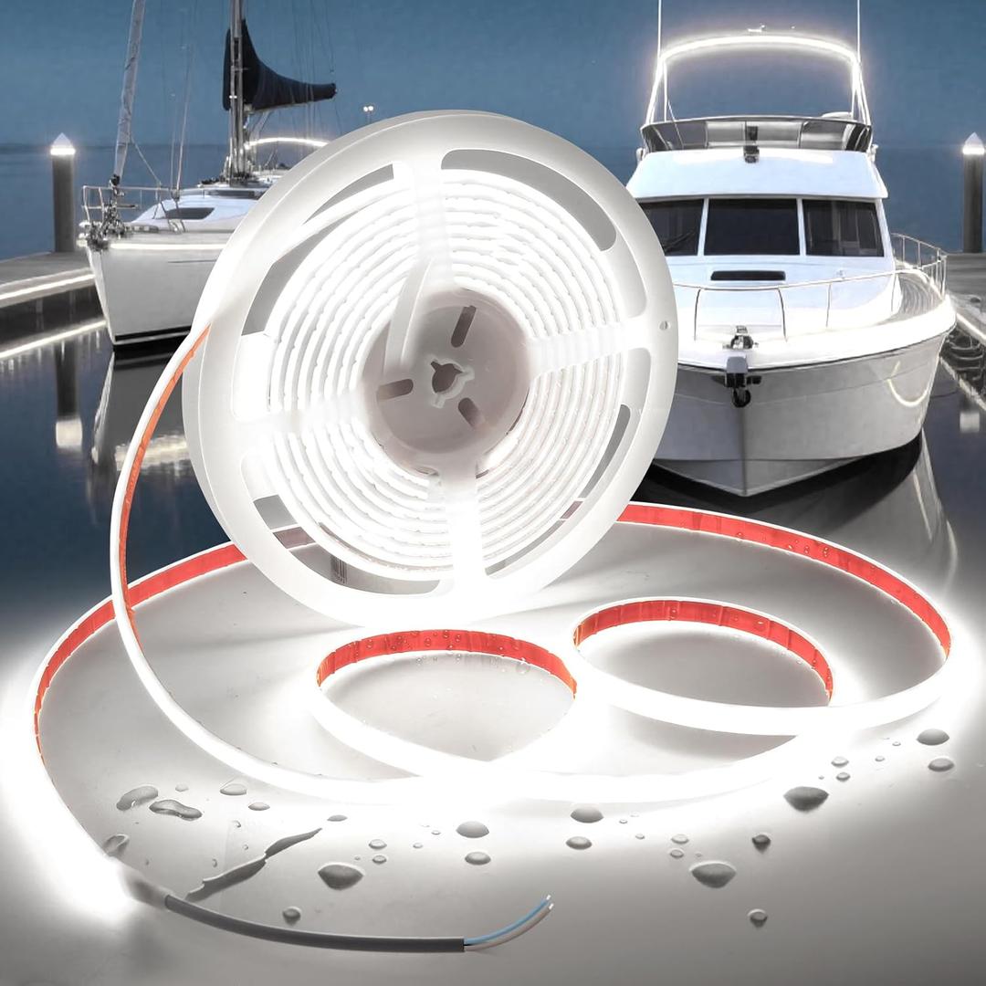 COB LED Strip Lights Daylight White 6000K,12V 16.4ft IP67 Waterproof High CRI 95Ra+ Super Bright,Flexible Boat Lights for Fishing Night Outdoor Bathroom Swimming Pool(Power Supply Not Included)