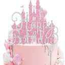 2Pcs Pink Princess Cake Toppers Silver Happy Birthday Cake Decorations Glitter Castle Picks for Girls Princess Birthday New Year Valentine's Day Party Supplies