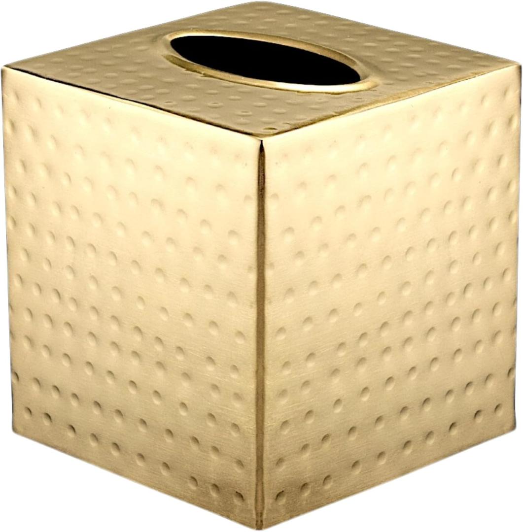 Monarch Abode Tissue Box Cover Square Hand Hammered Brushed Gold Metal Tissue Holder Box for Bathroom Accessory, Aesthetic Decorative Facial Napkin Cube for Modern Home Decor