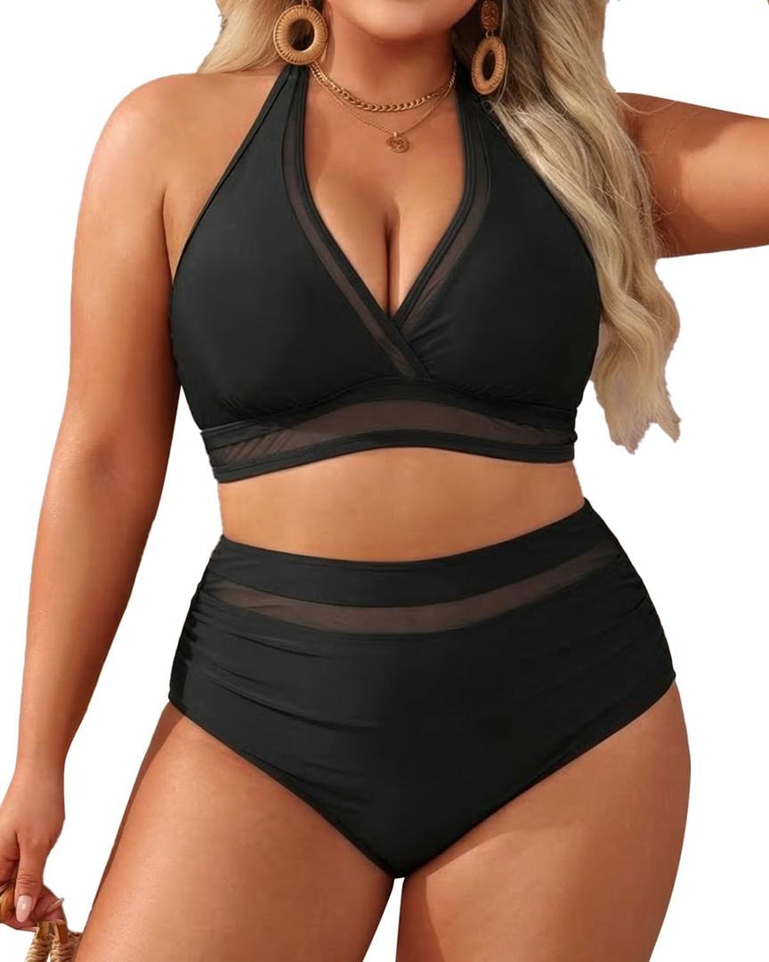 Tempt Me Women Plus Size Bikini High Waisted Swimsuits Mesh Tummy Control Two Piece Bathing Suit (Black)