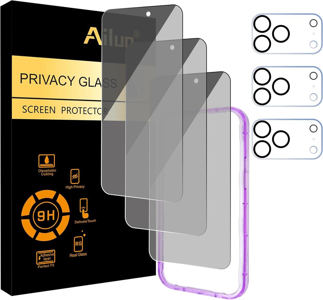 Ailun 3 Pack for iPhone 17 Pro Max Privacy Screen Protector [6.9 inch]+ 3 Pack Camera Lens Protector with Installation Frame,Dynamic Island Compatible,Anti Spy Tempered Glass[9H Hardness]-HD