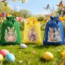 12 Pcs Easter Bunny Gift Bag with Drawstring, Easter Bags Burlap, Party Favor Birthday Decoration Reusable Rabbit Linen Goody Gift Bags with Double Jute Drawstrings, Treat Goodie Bag for Some Bunny Is One Easter Baby Shower Candy Garden Tea Party, 5x7 inch