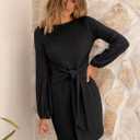 ANRABESS Womens 2025 Fall Dress Long Lantern Sleeve Ribbed Knit Casual Tie Waist Lightweight Mini Sweater Dress (Large, Black)