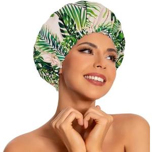 Pack Of 2 Reusable Shower Caps for Women Waterproof, Large Luxury Washable Elastic Band Bath Hair Bonnet, Double Layer Stylish Shower Hat for Long Hair, Braids, Curly(Plantain Leaf)