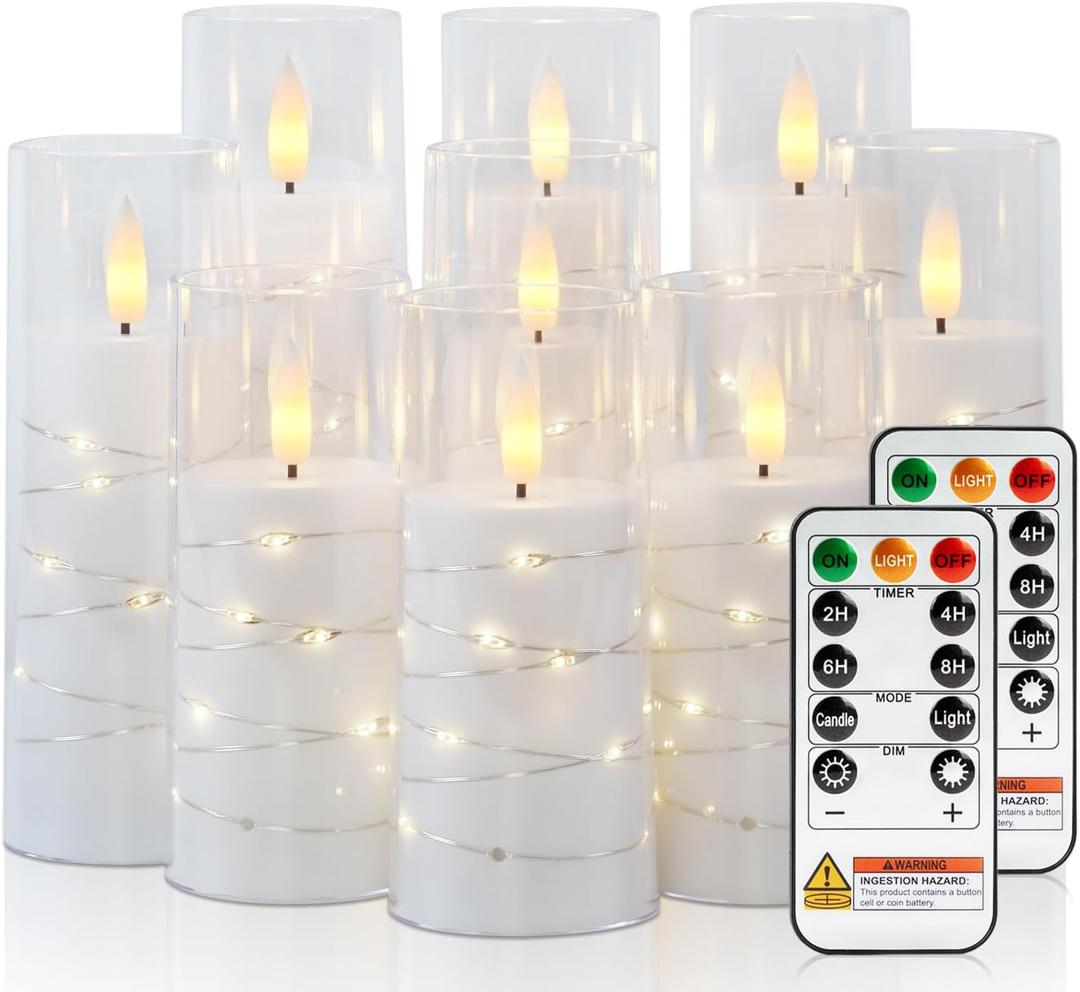 Raycare Flameless Candle with Remote Timer 9 Flickering Acrylic Battery Operated LED Pillar Candles with Embedded Star String for Valentine's Day, Home Decor, and as a Gift (White)