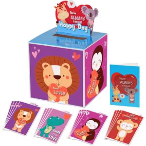 4 x ATFUNSHOP Kids Valentine Gift Cards and Box 7.9", Animal Valentines Day Cards Holder Mailbox for Kids School Classroom Exchange (1 Box, 32 Valentine Cards, 1 Teacher Card)