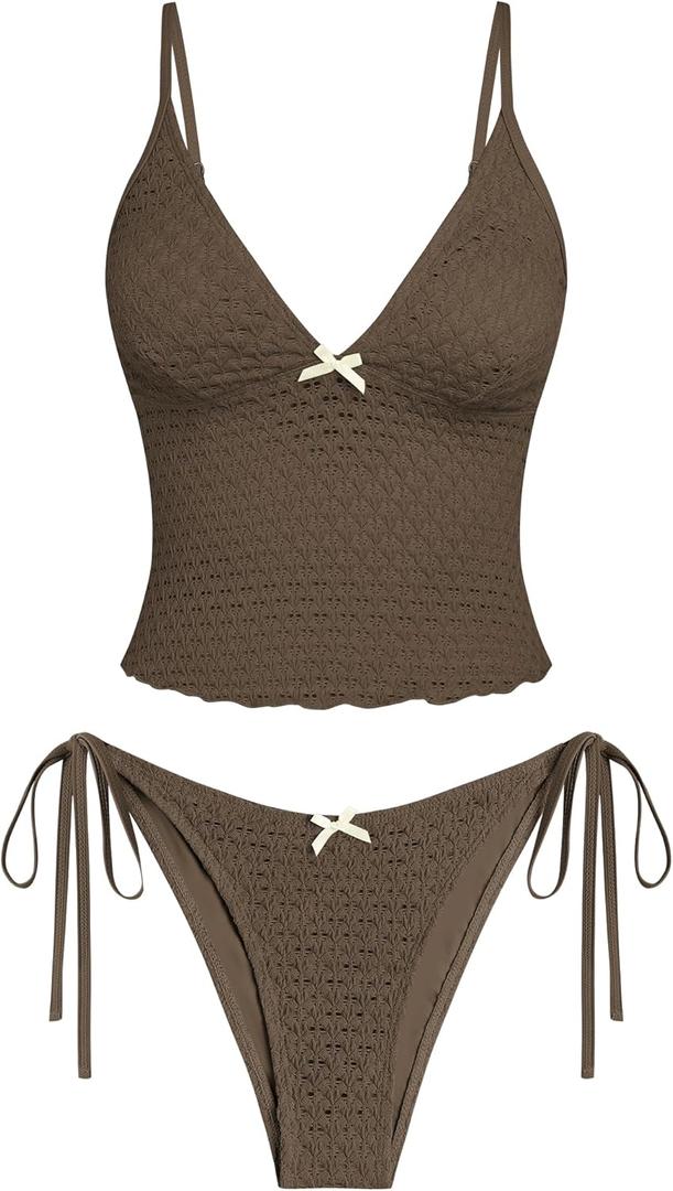 ZAFUL Tankini Swimsuits for Women Lace Jacquard Bowknot Decor Tummy Control High Cut Tanga Tankini Set (Small)