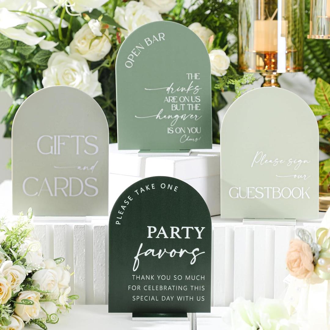 Weysat 4 Pcs Acrylic Wedding Signs for Ceremony and Reception, 5x7 Inch Sage Green Wedding Signage Decor with Stand, Guest Book, Cards and Gifts, Open Bar, Favor Signs for Marriage Memorial Ceremony