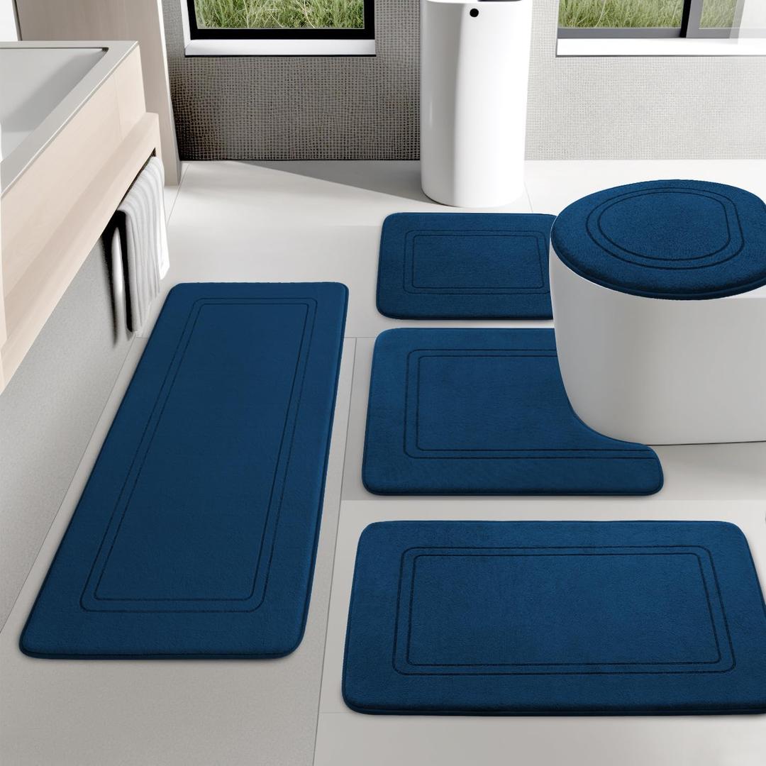 YIHOUSE Dark Blue Memory Foam Bathroom Rug Set 5 Piece, Absorbent Bath Mats, Non Slip Bath Mats for Bath Room Washable Dry Quickly Bath Rug Set for Bathroom Floor, Dark Blue Bath Mat Set 5 Piece
