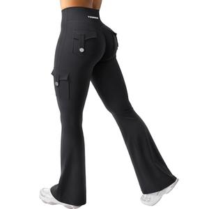 YEOREO CoreFlex Women Workout Flare Leggings with Pockets Hidden Scrunch High Waisted Cargo Gym Yoga Leggings Black