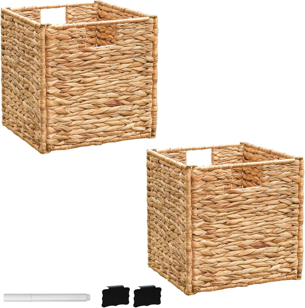 10.5x10.5x10.5 Storage Cube, Water Hyacinth Storage Baskets, Wicker Storage Baskets for Shelves, Woven Baskets for Storage, Square Wicker Storage Basket for Living Room (2 Packs 10.5x10.5in)