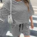 Fisoew Womens Striped 2 Piece Outfits Sweatsuits 3/4 Sleeve Oversized Tops High Waisted Shorts Casual Lounge Sets (Black)