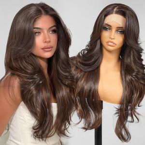 KOME Brown Synthetic Lace Front Wig,13x4 HD Lace Layered Wave Glueless Wigs for Women Daily Use 26IN