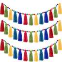 Syhood 3 Pcs Colorful Boho Tassel Garland Rainbow Pom Pom Each 50'' Colorful Tassel Garland Classroom Decoration Boho Banner for Kid Nursery Wall Decor Baby Shower Christmas Decor(Fresh Colors) (As the Picture Shown)