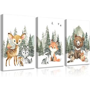3Pcs Woodland Animal Nursery Canvas Wall Art Forest Adventure Theme Animals Picture Posters Wall Decor Cute Watercolor Deer Bear Fox Painting Print Artwork for Kids Baby Bedroom Decor 16x24in
