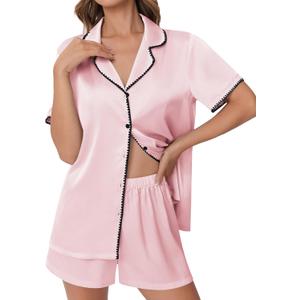 Ekouaer Womens Silk Satin Pajama Set Short Sleeve PJs 2 Piece Lounge Set Button Down Top and Shorts Soft Sleepwear (Medium, Light Pink)