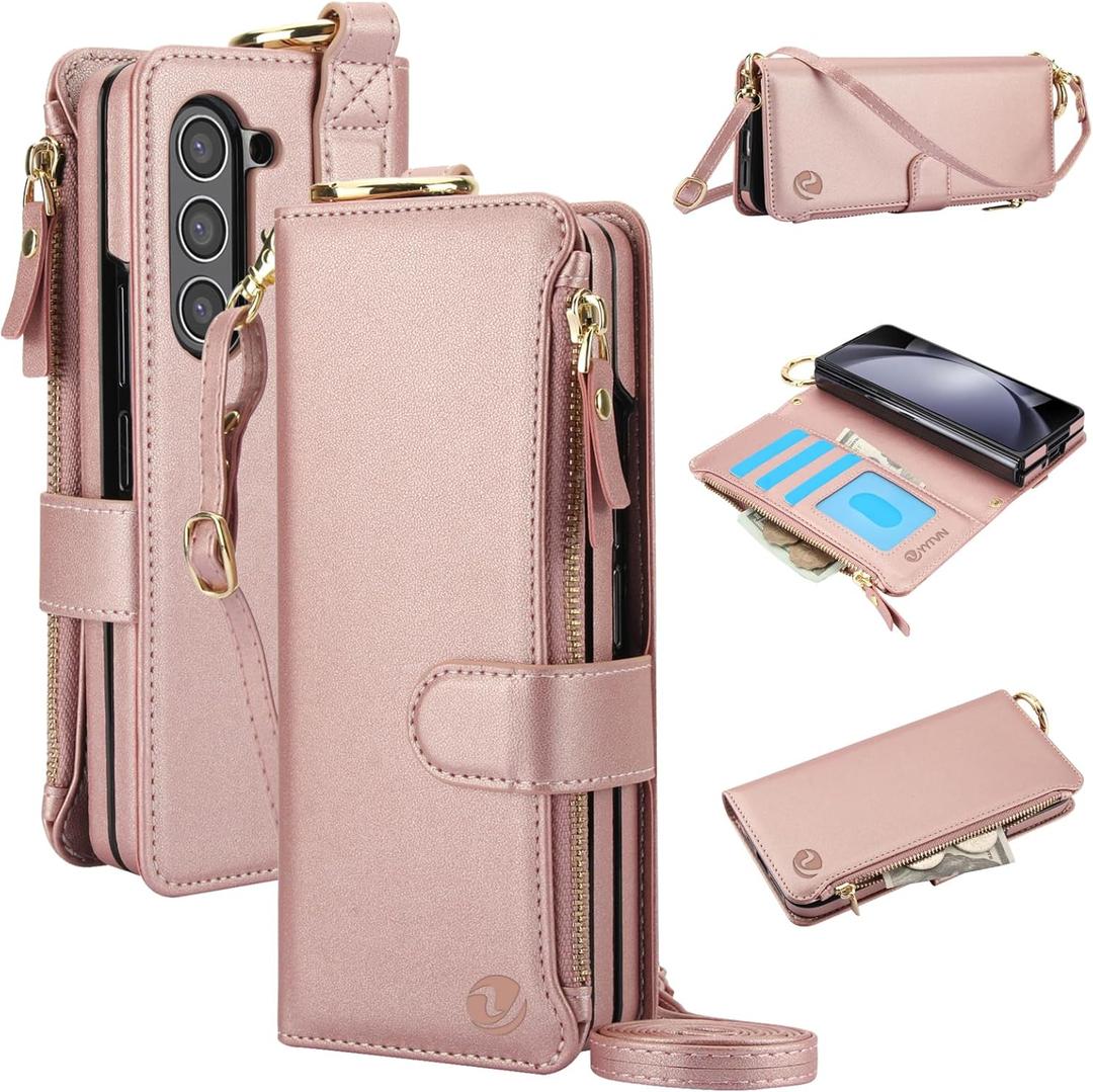 for Samsung Galaxy Z Fold 5 Case Wallet with RFID Blocking Card Holder and Shoulder Strap Wrist Strap, Multi-Function Stylish Ring Zipper Purse Case for Galaxy Z Fold 5, Rose Gold